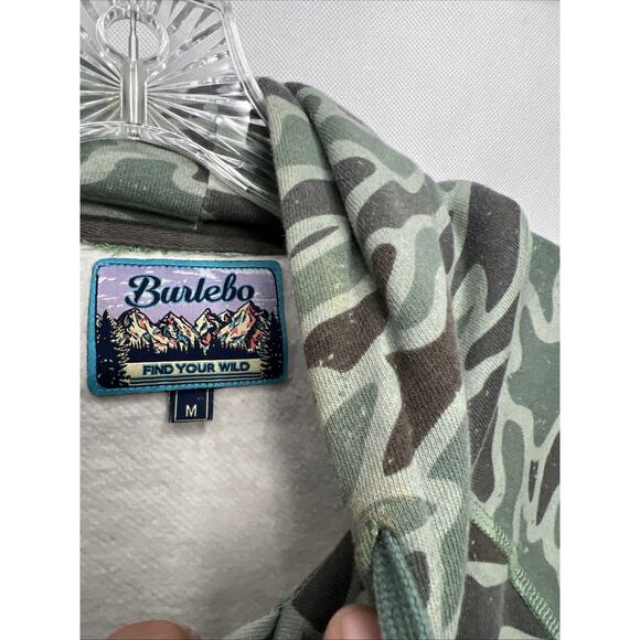 Burlebo Hoodie Mens Size Medium Green Retro Duck Camo Fleece Pullover - Picture 5 of 12